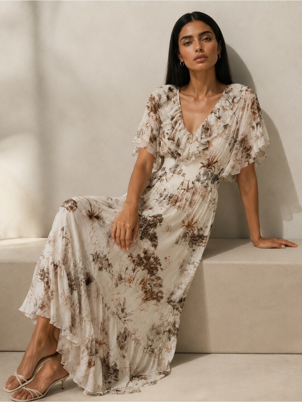 SANDRO Paris Marro Ruffled Print Midi Dress NWT French 38
